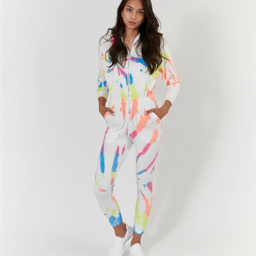 Lezat Neon Tie Dye Terry Jumpsuit L Zip Front Athleisure JLo Restore soft terry